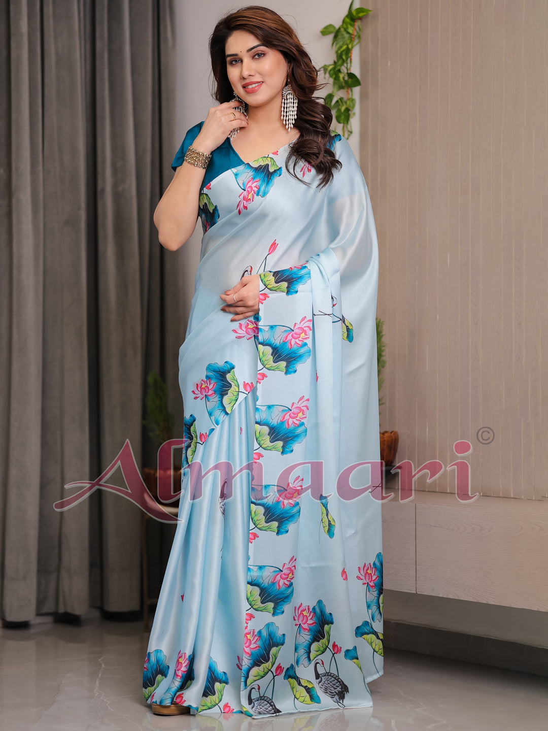 Sky Blue Satin Georgette Lotus & Crane Printed Saree with Attached Blouse – Serene Nature-Inspired Designer Drape