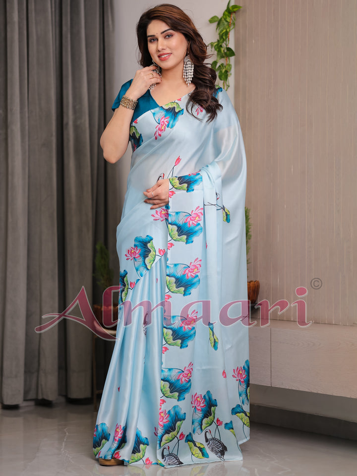 Sky Blue Satin Georgette Lotus & Crane Printed Saree with Attached Blouse – Serene Nature-Inspired Designer Drape
