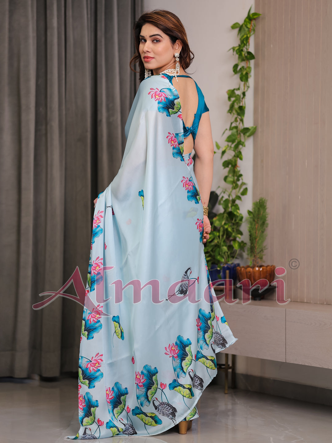 Sky Blue Satin Georgette Lotus & Crane Printed Saree with Attached Blouse – Serene Nature-Inspired Designer Drape