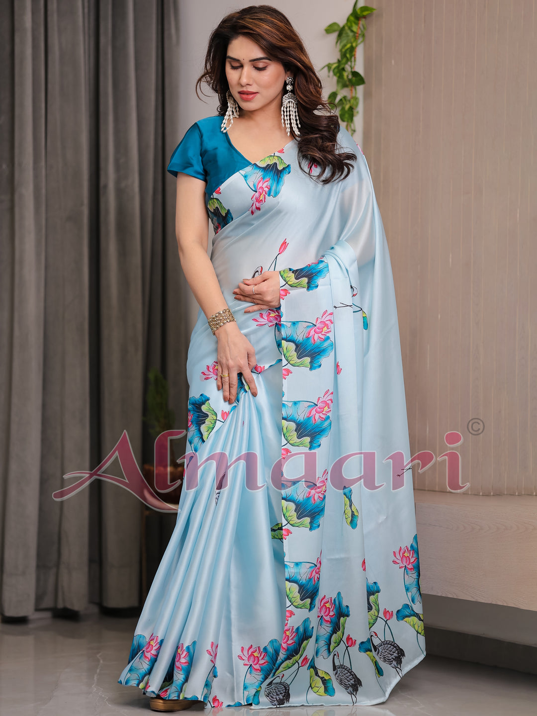 Sky Blue Satin Georgette Lotus & Crane Printed Saree with Attached Blouse – Serene Nature-Inspired Designer Drape
