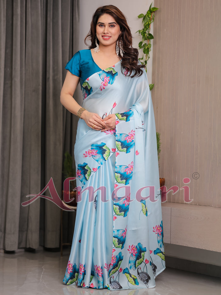Sky Blue Satin Georgette Lotus & Crane Printed Saree with Attached Blouse – Serene Nature-Inspired Designer Drape