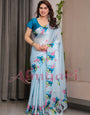 Sky Blue Satin Georgette Lotus & Crane Printed Saree with Attached Blouse – Serene Nature-Inspired Designer Drape