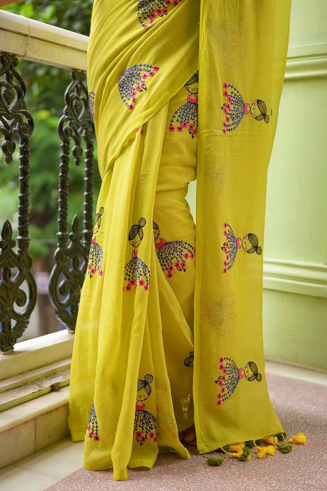 Lime Green Mul Cotton Saree with Embroidered Doll Motifs & Floral Detailing