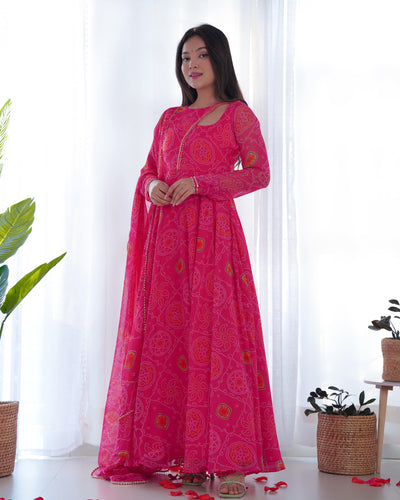 Pure Soft Lightweight Chiffon Bandhej Fully Flared Gown, Dupatta, and Pant Set Ready to Wear, Fully Stitched