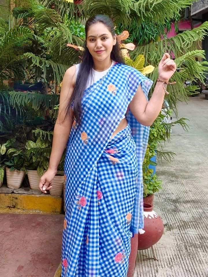 Blue & White Checkered Mul Cotton Saree with Floral Print & Blouse Piece
