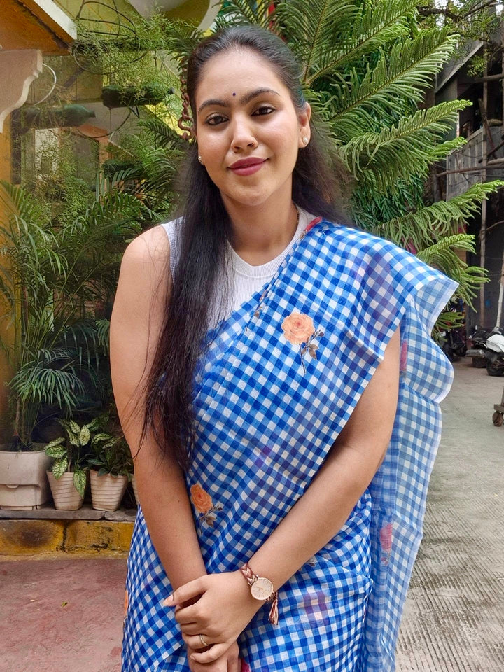 Blue & White Checkered Mul Cotton Saree with Floral Print & Blouse Piece