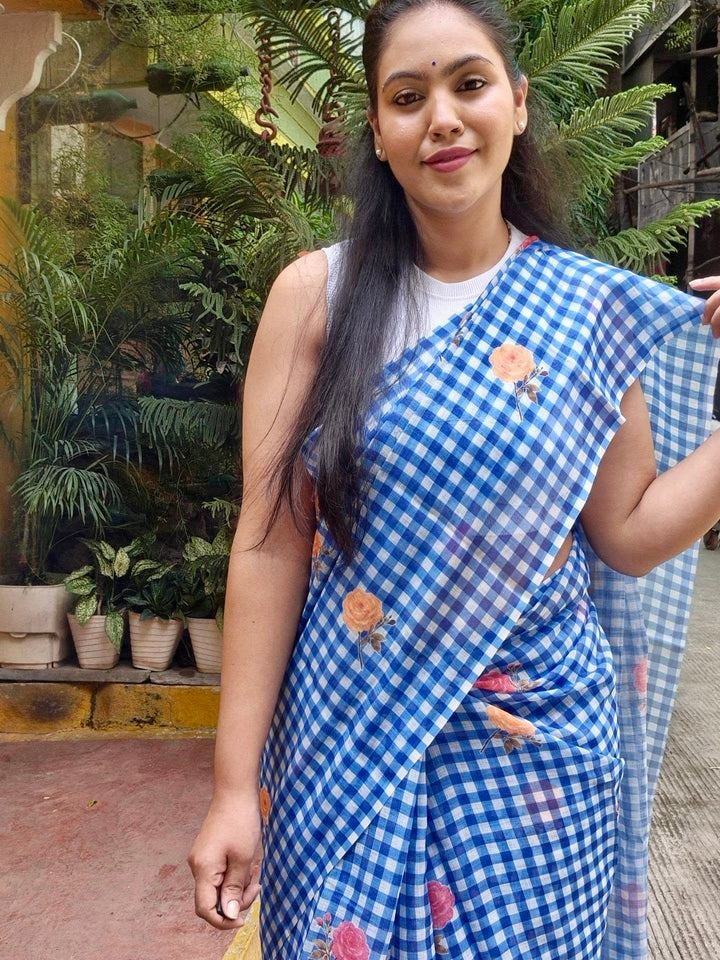 Blue & White Checkered Mul Cotton Saree with Floral Print & Blouse Piece