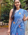 Blue & White Checkered Mul Cotton Saree with Floral Print & Blouse Piece