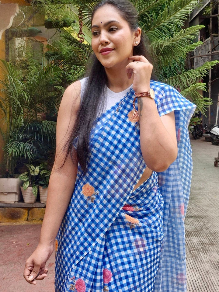 Blue & White Checkered Mul Cotton Saree with Floral Print & Blouse Piece