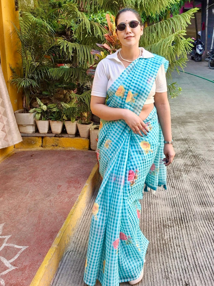 Aqua Blue Checkered Mul Cotton Saree with Floral Print & Tassels