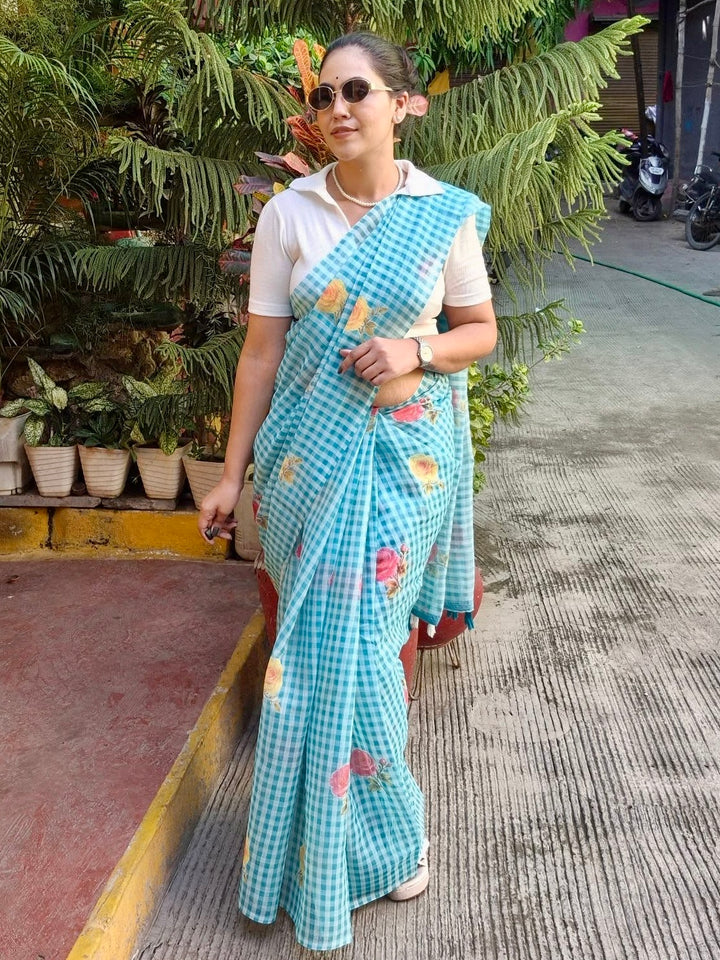 Aqua Blue Checkered Mul Cotton Saree with Floral Print & Tassels
