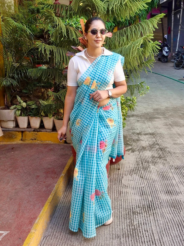 Aqua Blue Checkered Mul Cotton Saree with Floral Print & Tassels