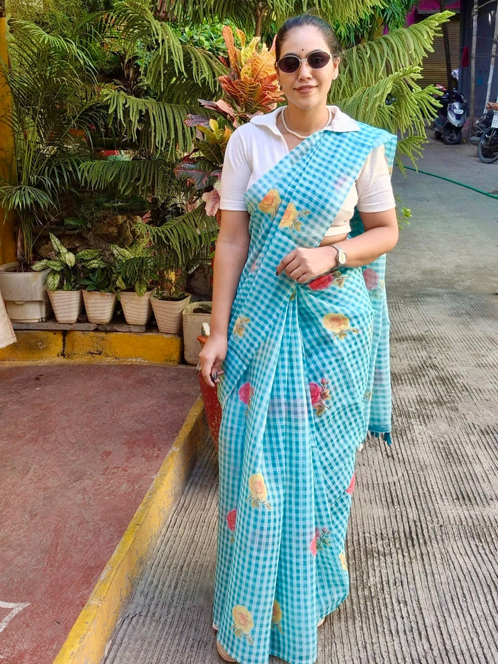 Aqua Blue Checkered Mul Cotton Saree with Floral Print & Tassels