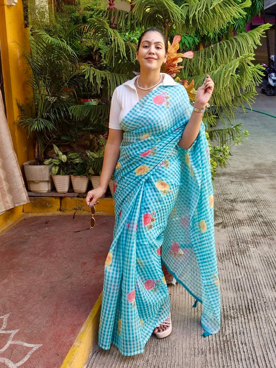 Aqua Blue Checkered Mul Cotton Saree with Floral Print & Tassels