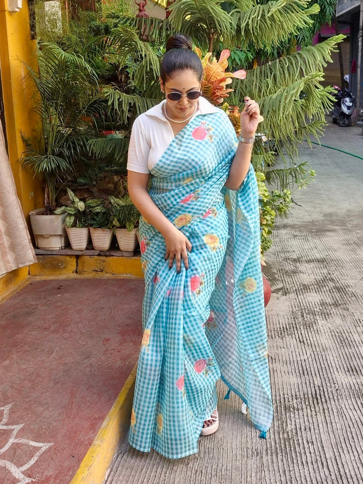 Aqua Blue Checkered Mul Cotton Saree with Floral Print & Tassels