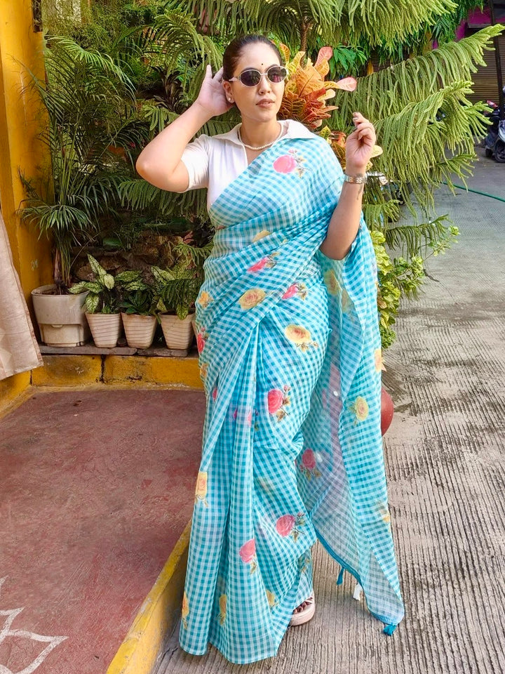 Aqua Blue Checkered Mul Cotton Saree with Floral Print & Tassels