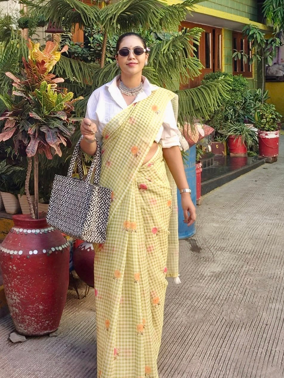 Pastel Lime Green Checkered Mul Cotton Saree with Floral Print & Tassels