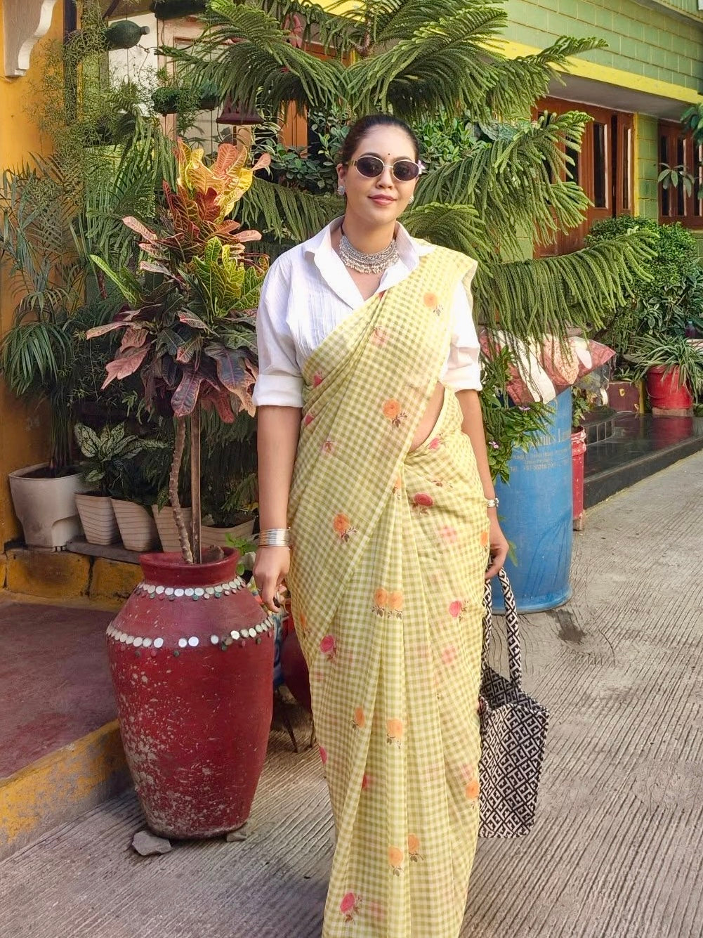 Pastel Lime Green Checkered Mul Cotton Saree with Floral Print & Tassels