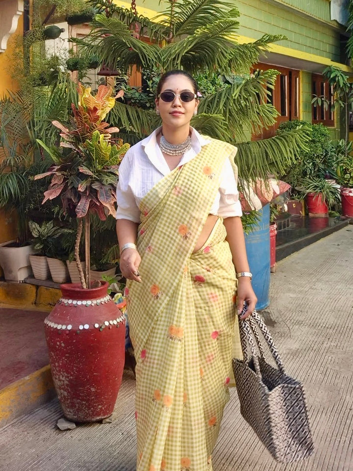 Pastel Lime Green Checkered Mul Cotton Saree with Floral Print & Tassels