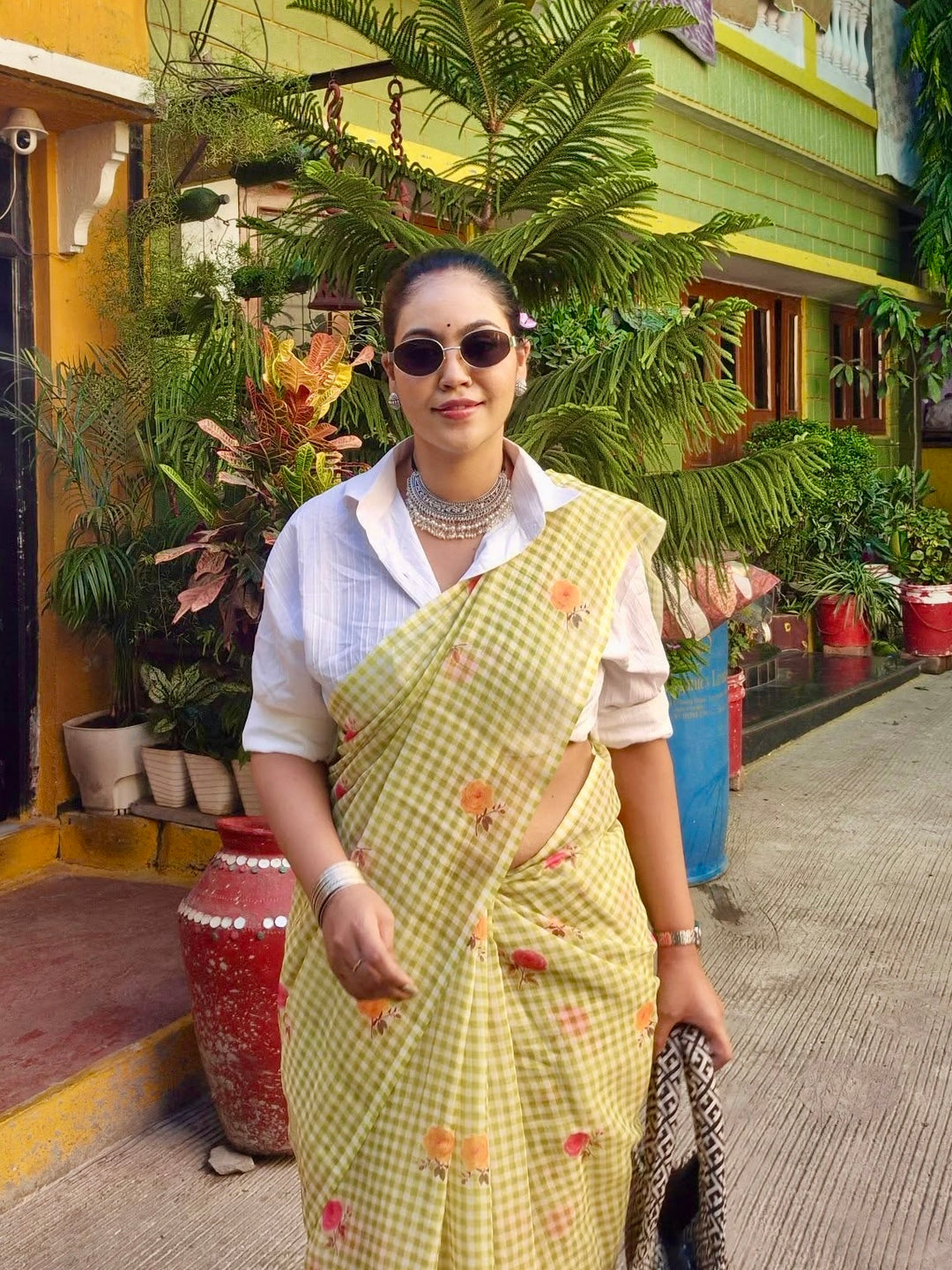 Pastel Lime Green Checkered Mul Cotton Saree with Floral Print & Tassels