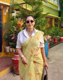 Pastel Lime Green Checkered Mul Cotton Saree with Floral Print & Tassels