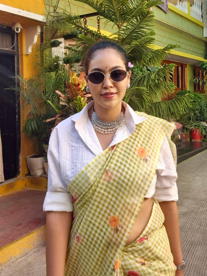 Pastel Lime Green Checkered Mul Cotton Saree with Floral Print & Tassels