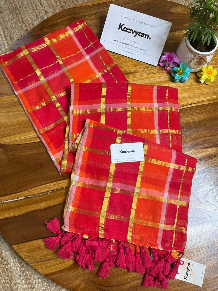 Rani Pink & Orange Madras Checkered Mul Cotton Saree with Gold Zari Checks, Tassels & Blouse Piece