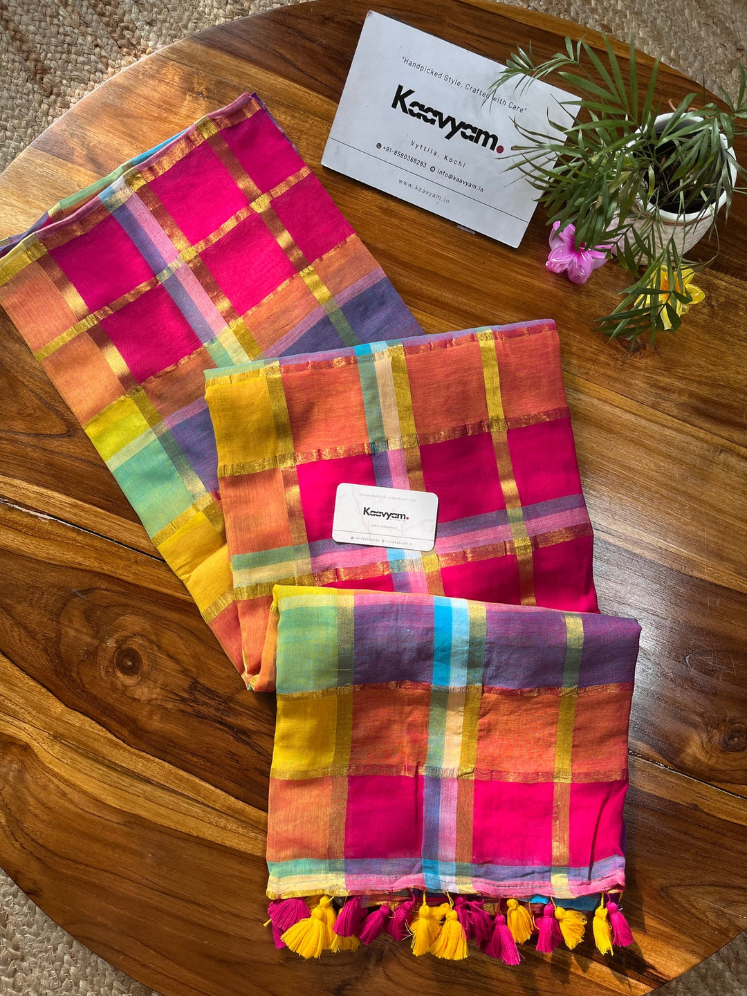 Rani Pink Multicolour Madras Checkered Mul Cotton Saree with Gold Zari Checks, Tassels & Blouse Piece