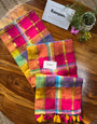 Rani Pink Multicolour Madras Checkered Mul Cotton Saree with Gold Zari Checks, Tassels & Blouse Piece