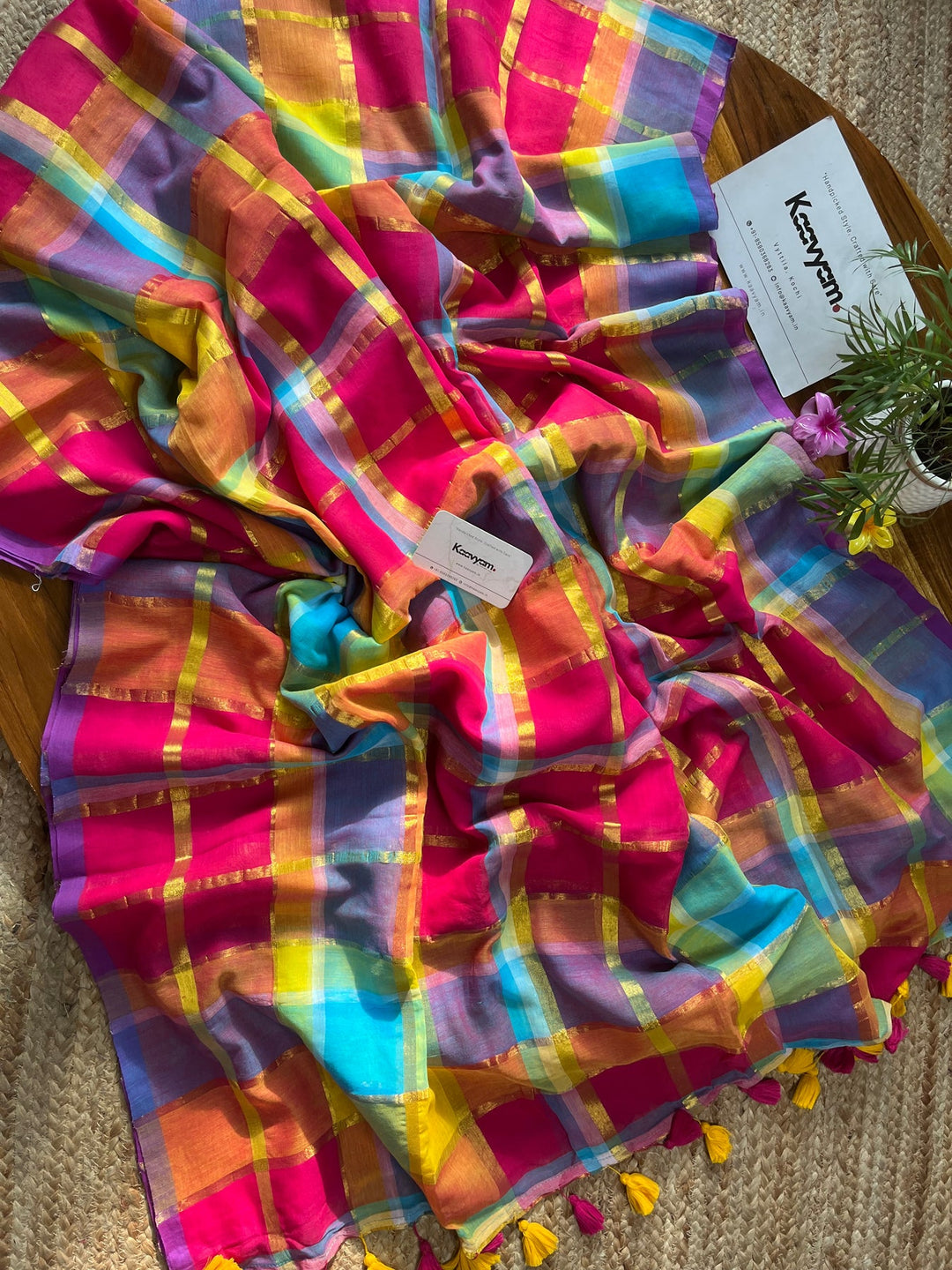 Rani Pink Multicolour Madras Checkered Mul Cotton Saree with Gold Zari Checks, Tassels & Blouse Piece