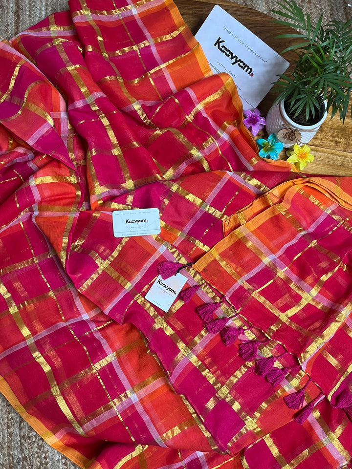 Rani Pink & Orange Madras Checkered Mul Cotton Saree with Gold Zari Checks, Tassels & Blouse Piece