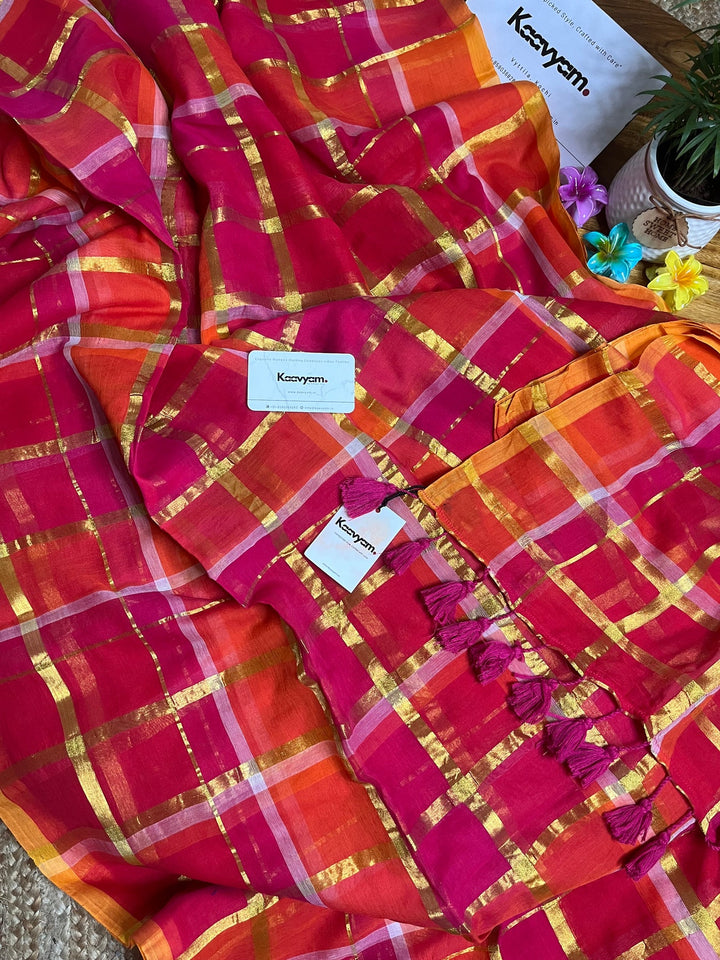 Rani Pink & Orange Madras Checkered Mul Cotton Saree with Gold Zari Checks, Tassels & Blouse Piece