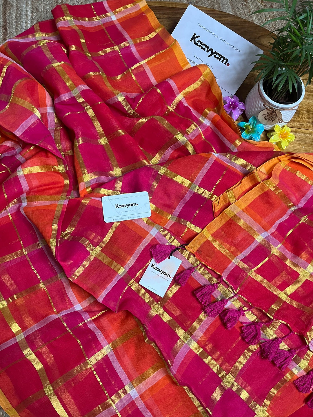 Rani Pink & Orange Madras Checkered Mul Cotton Saree with Gold Zari Checks, Tassels & Blouse Piece