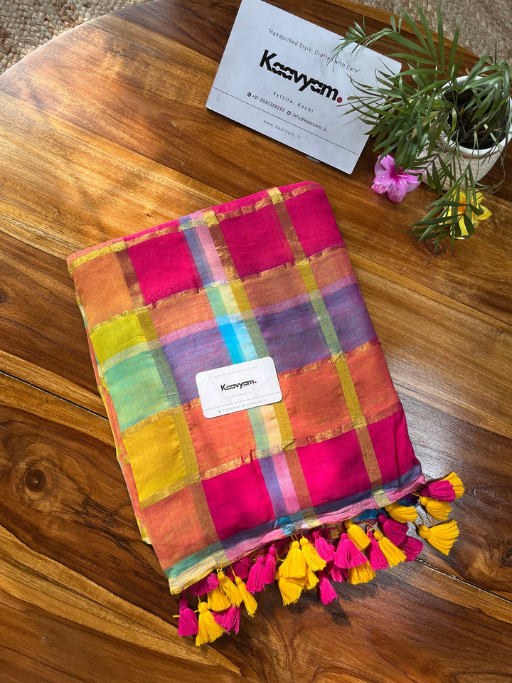 Rani Pink Multicolour Madras Checkered Mul Cotton Saree with Gold Zari Checks, Tassels & Blouse Piece