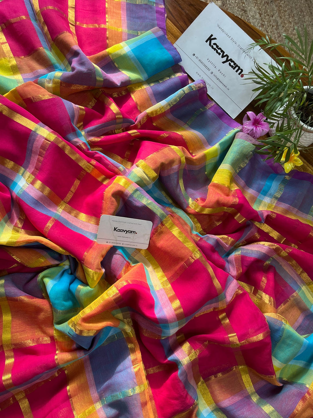 Rani Pink Multicolour Madras Checkered Mul Cotton Saree with Gold Zari Checks, Tassels & Blouse Piece