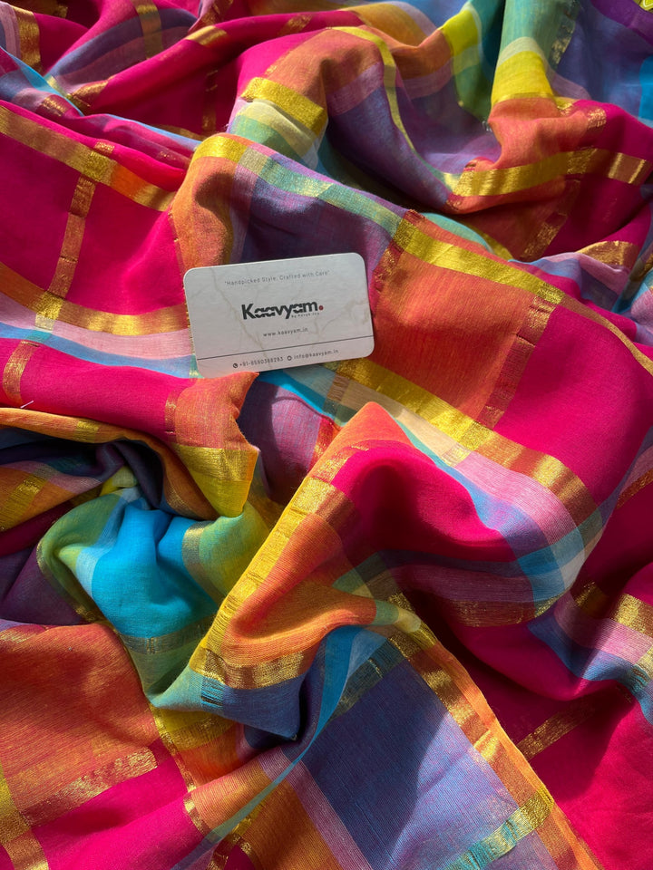 Rani Pink Multicolour Madras Checkered Mul Cotton Saree with Gold Zari Checks, Tassels & Blouse Piece