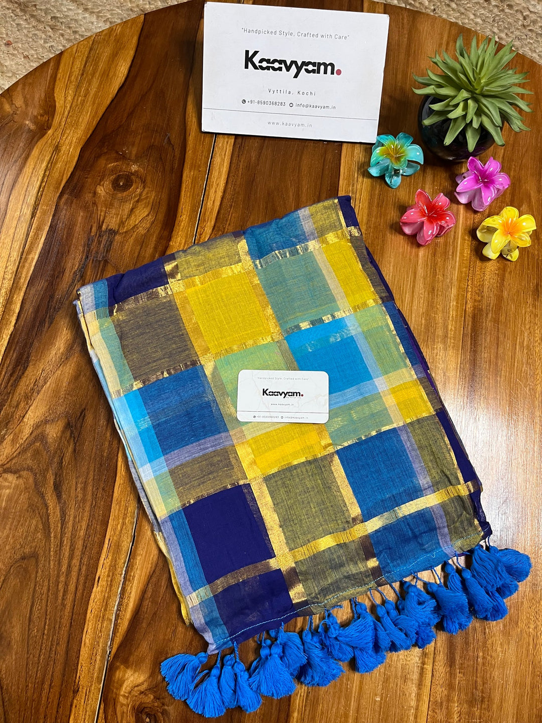 Navy Blue & Yellow Multicolour Madras Checkered Mul Cotton Saree with Gold Zari Checks, Tassels & Blouse Piece