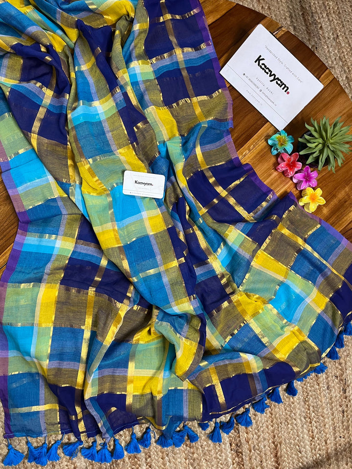 Navy Blue & Yellow Multicolour Madras Checkered Mul Cotton Saree with Gold Zari Checks, Tassels & Blouse Piece