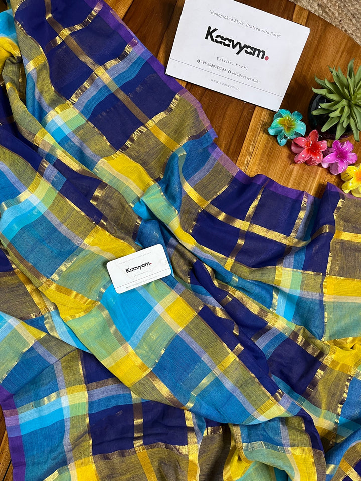 Navy Blue & Yellow Multicolour Madras Checkered Mul Cotton Saree with Gold Zari Checks, Tassels & Blouse Piece