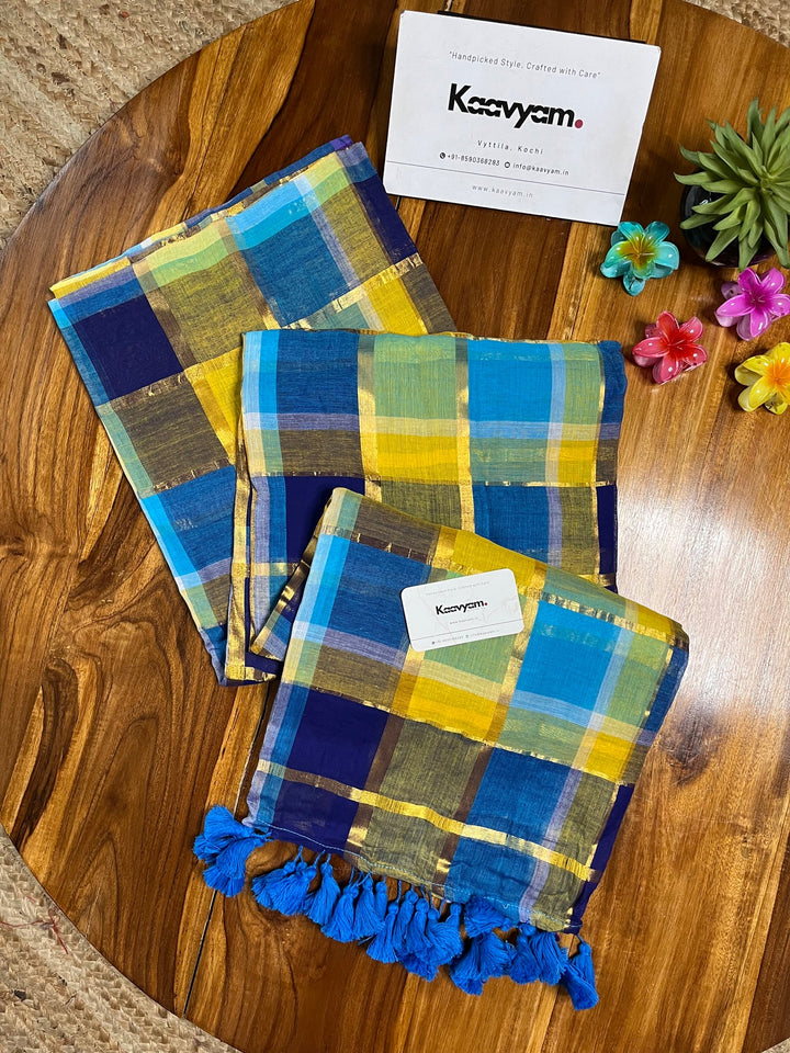 Navy Blue & Yellow Multicolour Madras Checkered Mul Cotton Saree with Gold Zari Checks, Tassels & Blouse Piece