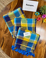 Navy Blue & Yellow Multicolour Madras Checkered Mul Cotton Saree with Gold Zari Checks, Tassels & Blouse Piece
