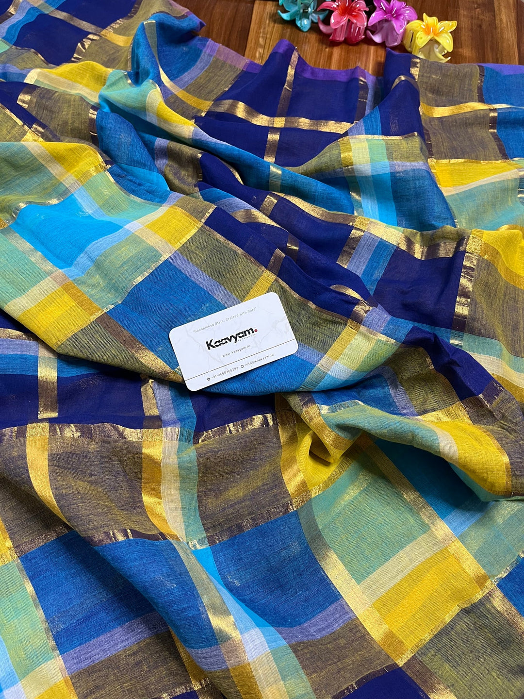 Navy Blue & Yellow Multicolour Madras Checkered Mul Cotton Saree with Gold Zari Checks, Tassels & Blouse Piece