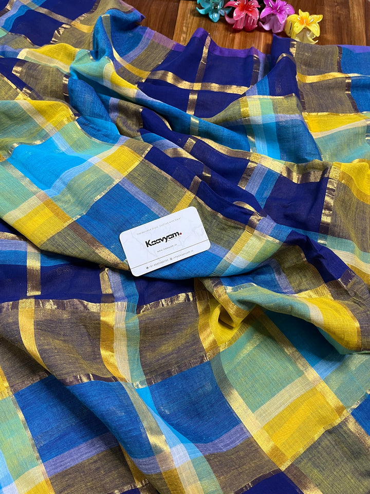 Navy Blue & Yellow Multicolour Madras Checkered Mul Cotton Saree with Gold Zari Checks, Tassels & Blouse Piece