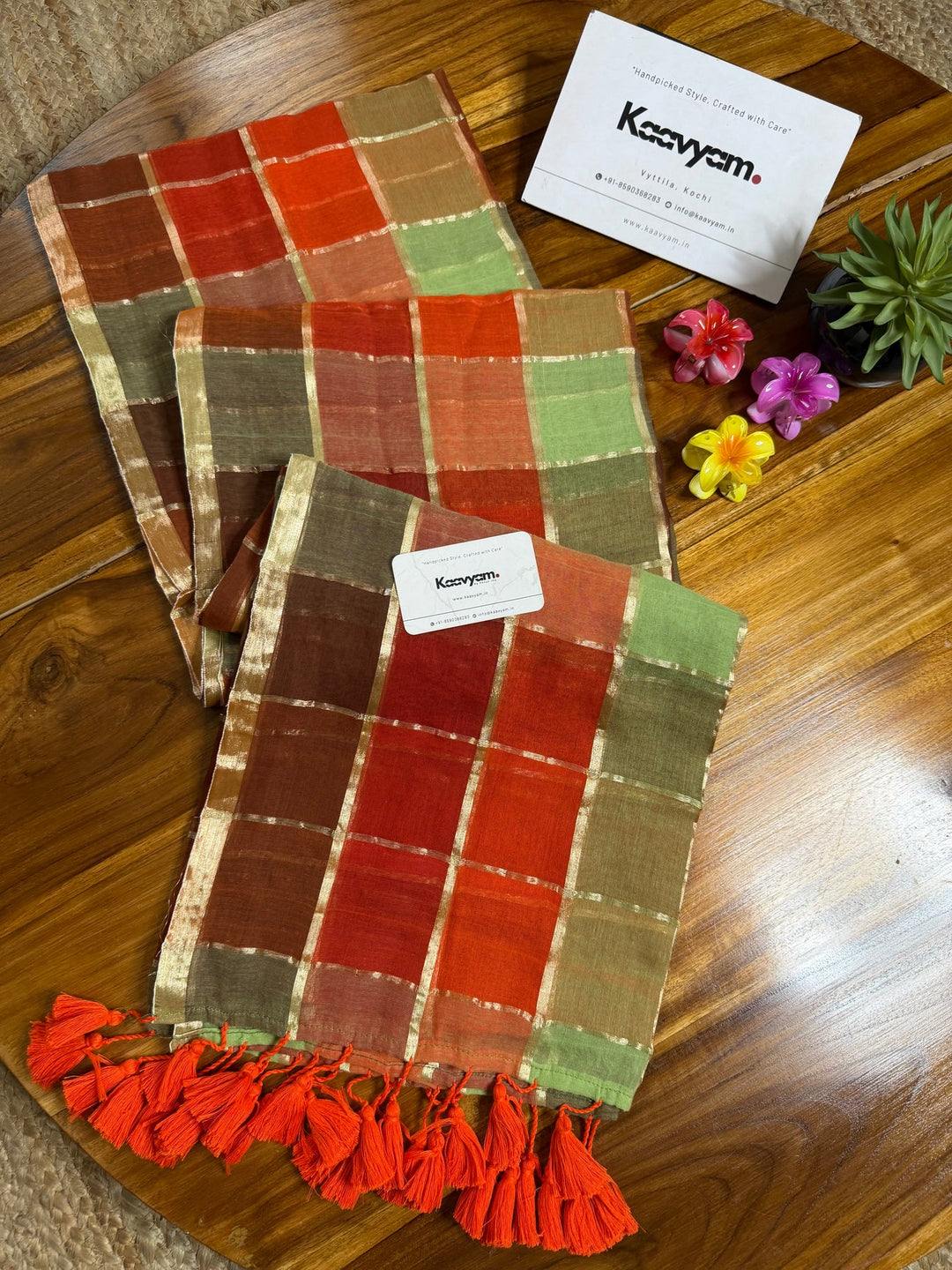 Rust Orange & Sage Green Madras Checkered Mul Cotton Saree with Gold Zari Checks, Tassels & Blouse Piece
