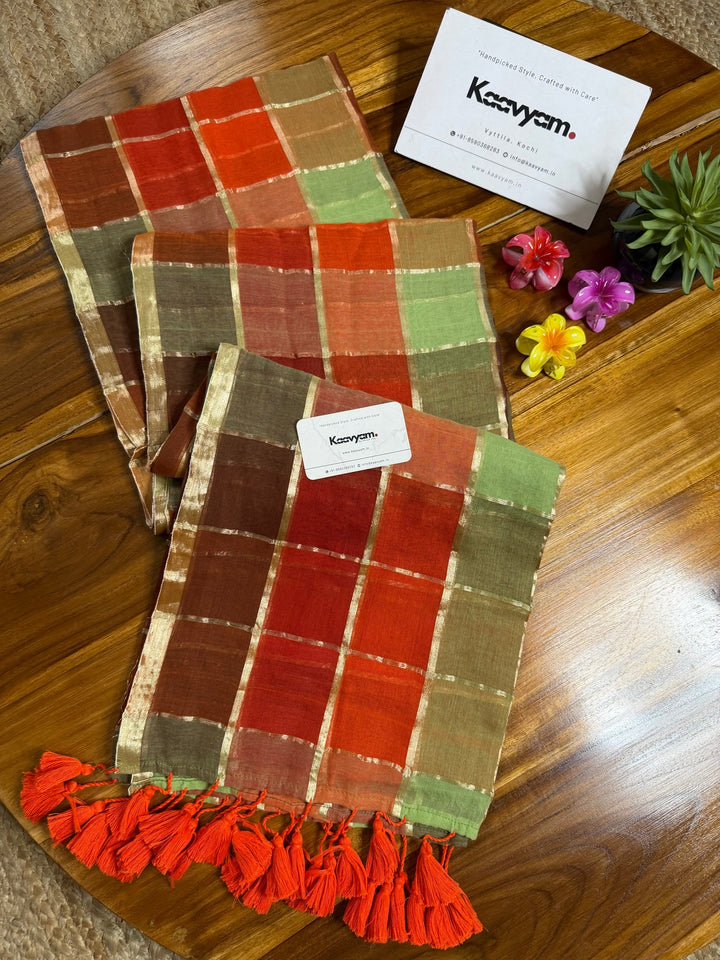 Rust Orange & Sage Green Madras Checkered Mul Cotton Saree with Gold Zari Checks, Tassels & Blouse Piece