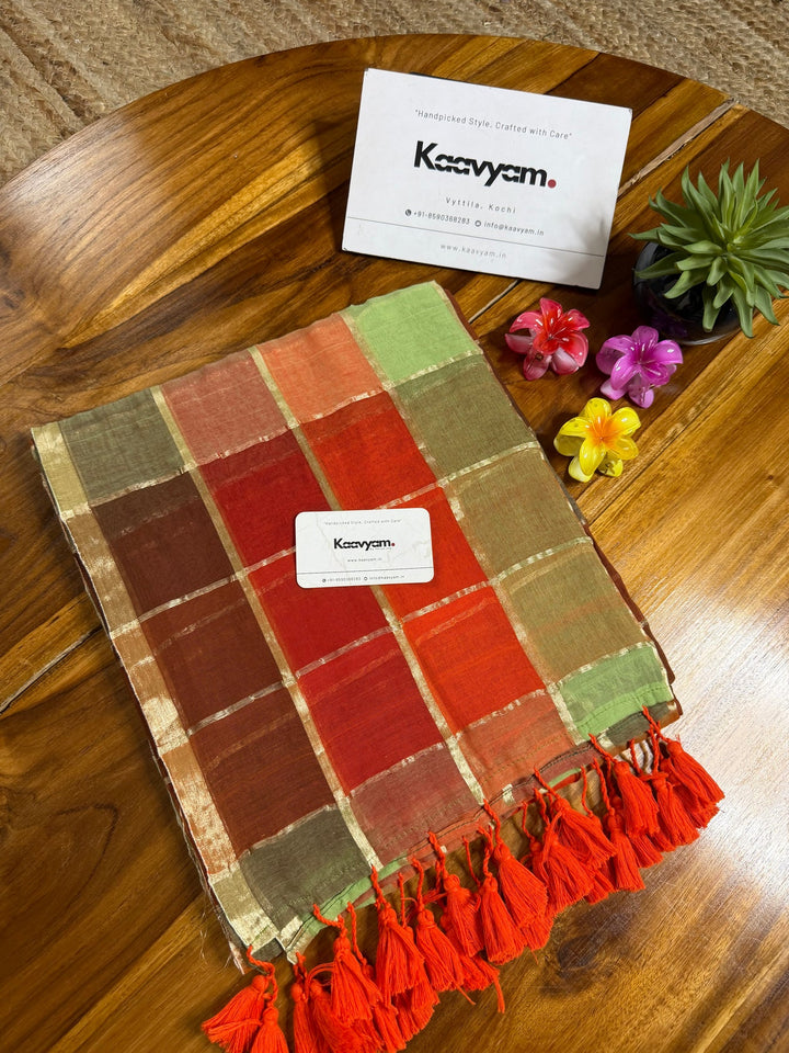 Rust Orange & Sage Green Madras Checkered Mul Cotton Saree with Gold Zari Checks, Tassels & Blouse Piece