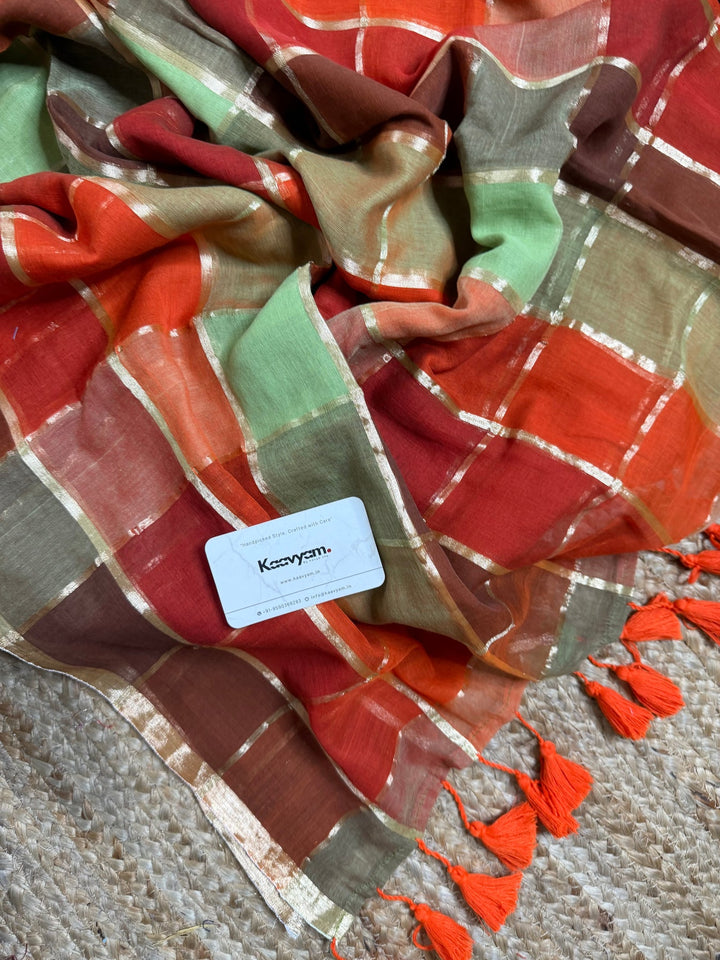 Rust Orange & Sage Green Madras Checkered Mul Cotton Saree with Gold Zari Checks, Tassels & Blouse Piece