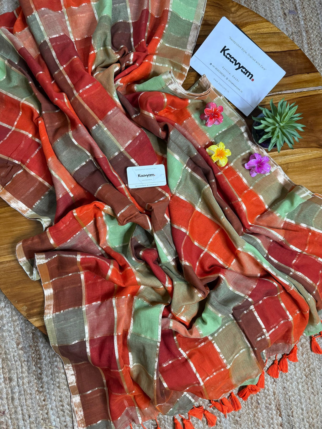 Rust Orange & Sage Green Madras Checkered Mul Cotton Saree with Gold Zari Checks, Tassels & Blouse Piece