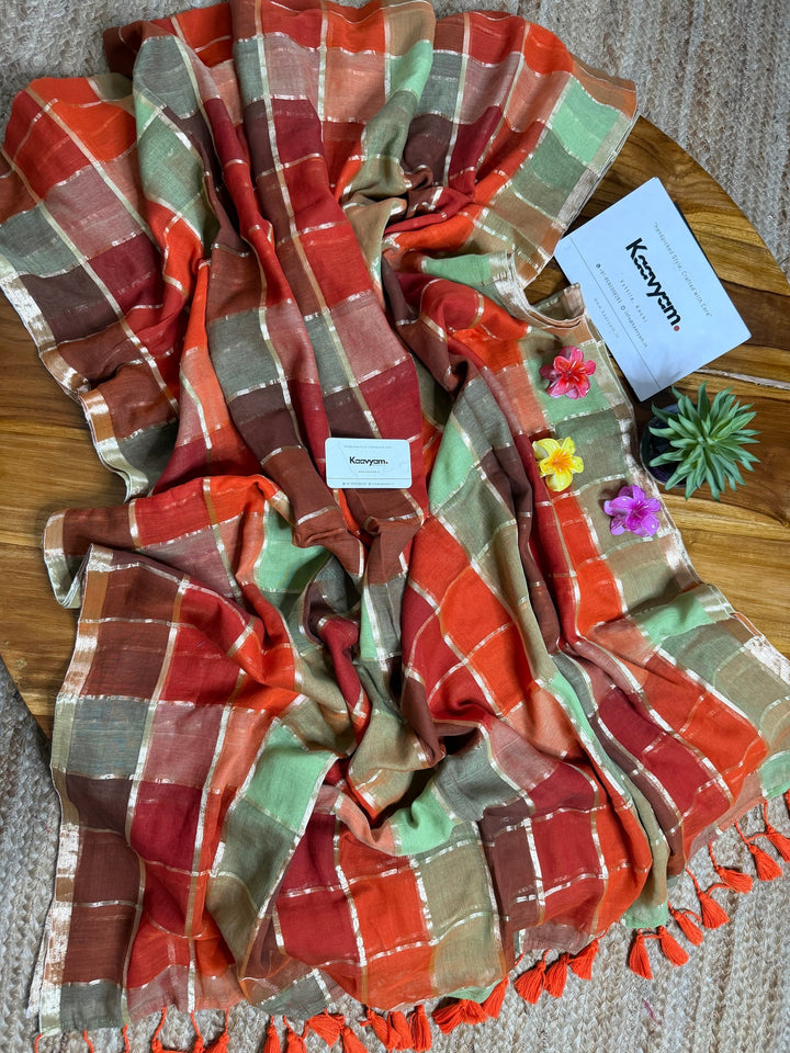 Rust Orange & Sage Green Madras Checkered Mul Cotton Saree with Gold Zari Checks, Tassels & Blouse Piece