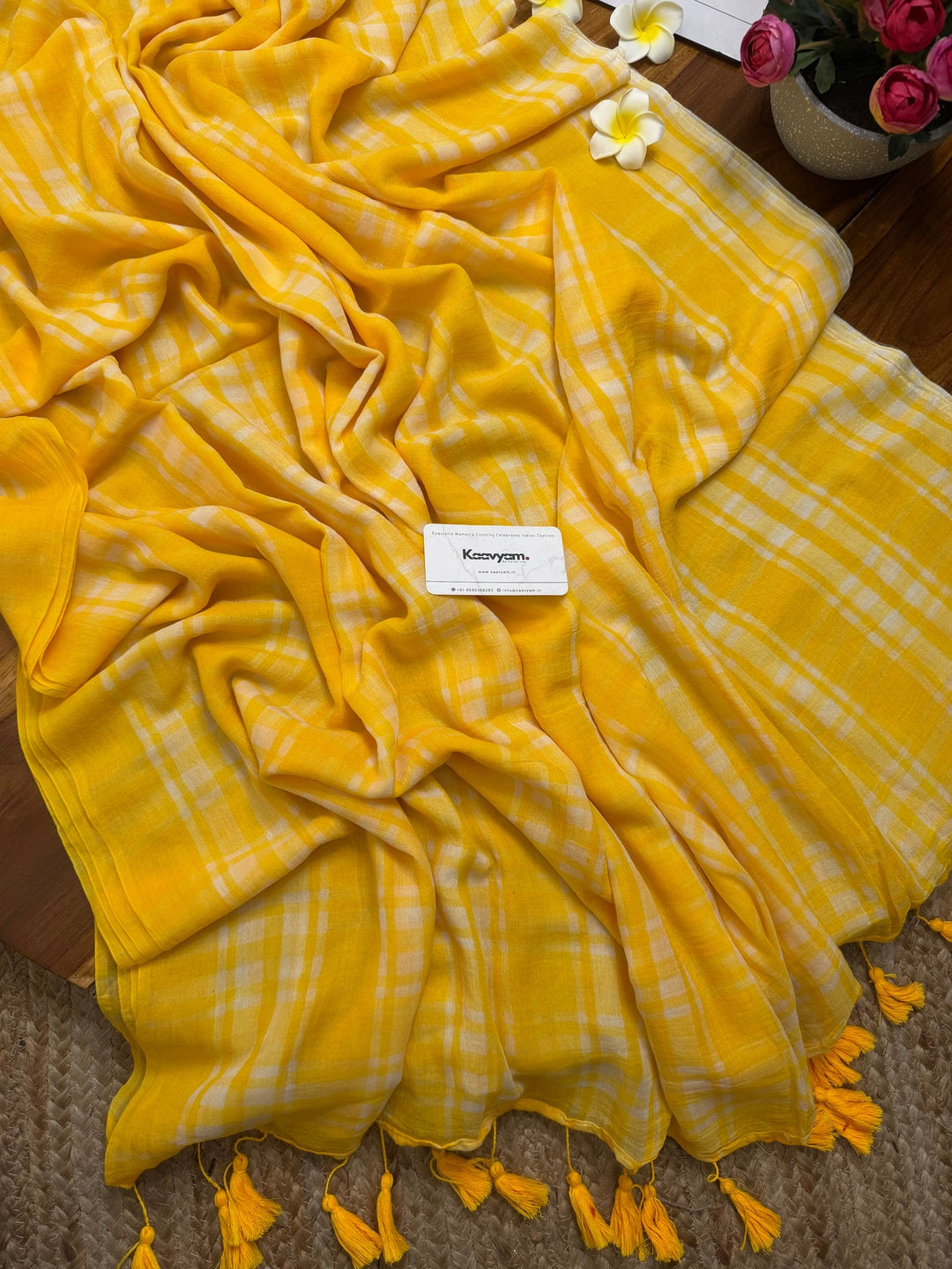 Sunshine Yellow & White Madras Checkered Mul Cotton Saree with Tassels & Attached Blouse Piece